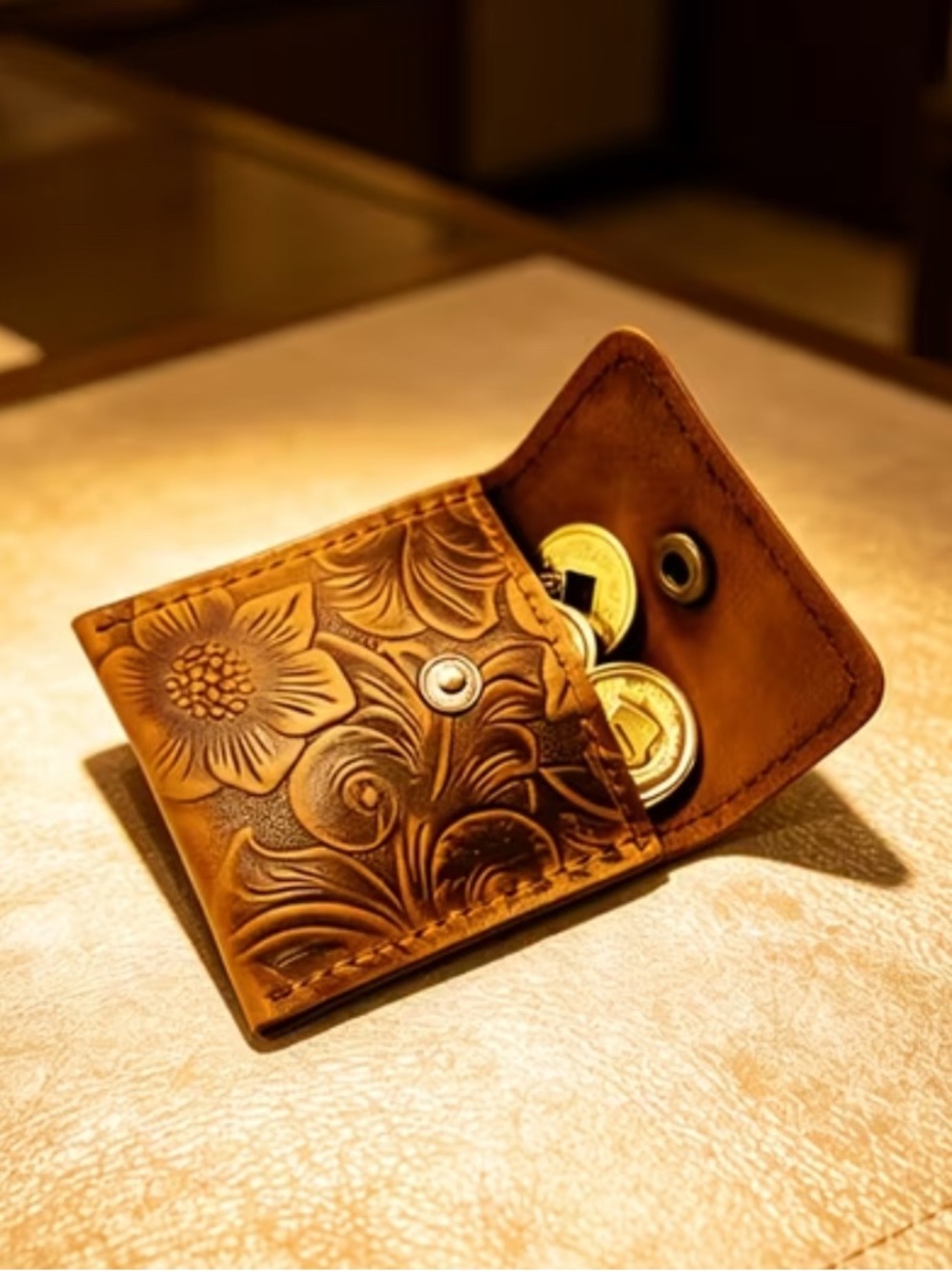 AUTHENTIC LEATHER Hand-Tooled Floral Coin Pocket with Snap